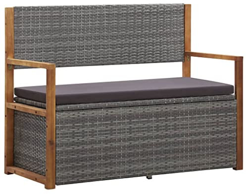 DYRJDJWIDHW gartenbank 2 sitzer,Balkon Bank,Bank Balkon,Bank mit Stauraum 115 cm Poly Rattan Massivholz Akazie GrauGeeignet für draußen, Garten, Pool
