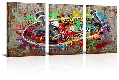 Biuteawal 3-teiliges Skateboard-Bild, Teenager-Schlafzimmer, Dekoration, Graffiti-Wandkunst, zeitgenössischer Skater-Sport, Leinwanddruck, Vintage-Kunstwerk, gerahmt, fertig zum Aufhängen