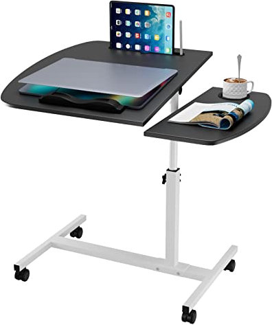 Wohenster Table d'appoint réglable en Hauteur pour Ordinateur Portable, en Bois, avec roulettes, pivotant à 360°, Support pour Ordinateur Portable, butée antidérapante, pour lit, canapé, Noir