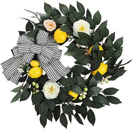 Corona di Limone Artificiale da 15,75 Pollici di Diametro, Cartello di Benvenuto, Ghirlande di Limone per Tutti i Giorni con Foglie, Rose, Fiocchi, Bacche, Ghirlanda Primaverile Ed Estiva per(Verde)
