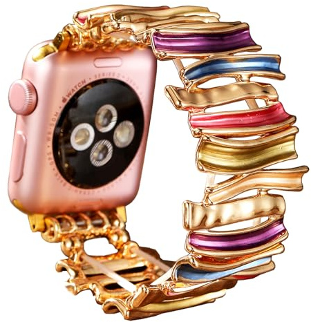 Pretty Stretchy Bracelet Straps Compatible with Apple Watch Band 41mm 40mm 38mm 42mm 44mm 45mm 46mm 49mm Women, Western Fashion Metal Chain Geometric Strap for iWatch Series 10-1 SE Ultra 2