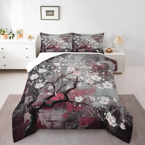 Castle Fairy Juego de edredón moderno de arte abstracto tamaño matrimonial, juego de ropa de cama de pintura rosa y gris para adultos y adolescentes, edredón de flores blancas de lujo, juego de