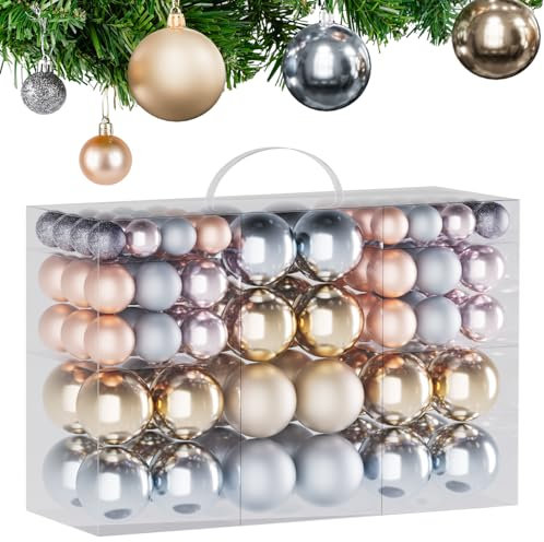 Weihnachtskugeln 101er Set, Christbaumkugeln Kunststoff Weihnachtsbaumkugeln mit Baumspitze, Aufhängeseil, Matt, Glitzer, Beige Champagner Christbaumschmuck, Weihnachtsbaum Deko Plastikkugeln