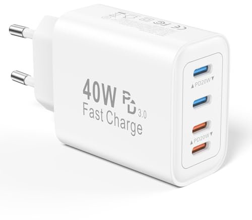 Chargeur USB C 40 W, 4 Ports Chargeur Charge Rapide Multiple USBC Prise Compatible avec iPhone 15 14 13 12 11 Pro Max XS XR X 8 7 6 Plus, iPad, Samsung, Type C Charger Adaptateur
