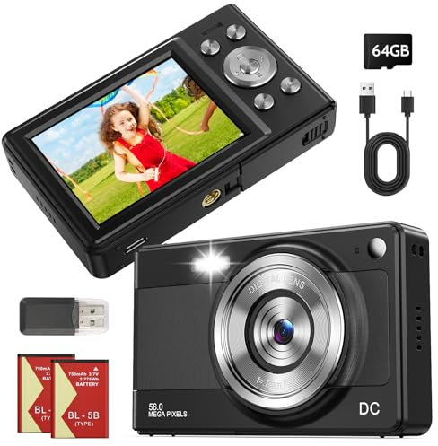 Compatta Macchina Fotografica Digitale, Fotocamera Digitale Camera Compatta Vintage Mini per Bambini Studenti Principianti, 1080P 56MP, Scheda da 32GB, 2 * Batterie