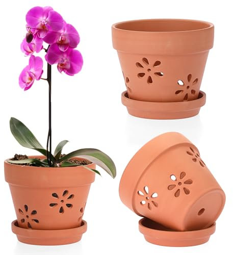 SUMTree 15cm Terracotta Orchid Pots, 3 Pack Terracotta Orchid Pots with Holes and Saucers, Small Terra Cotta Orchid Pot, Plant Flower Pots for Orchid Indoor Outdoor Promotes Air Circulation