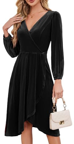 Meetjen Womens Cocktail Party Winter Long Sleeve Velvet Wrap Dress V Neck A-Line Midi Swing Formal Dresses Black S
