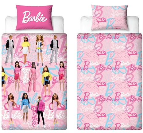 Barbie Character World Wende-Bettwäsche-Set für Einzelbett, ohne Box, 2 Seiten, mit passendem Kissenbezug, Polyester, Rosa