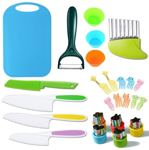 YYAOEMI Kids Knife Proof Kitchen Tools for Toddlers Real Cooking Sets - 25 pcs Kids Safe Knives Set with Plastic Toddler Safe Knife Fruit Vegetable Crinkle Cutter Cutting Board