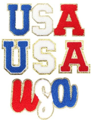 CHGCRAFT 3 Sets USA Letter Patches USA Chenille Patch Polyester Letter with Gold Glitter Edges Patches Iron on Letters for Clothing Jackets Bags Hat Sewing DIY Costume Decoration