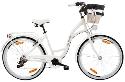 Goetze Mood 26 Zoll Damen Citybike, 17 Zoll Tiefeinsteiger Rahmen, 6-Gang Kettenschaltung, V-Bremse, LED-Beleuchtung, Gepäckträger, Komfortsattel, Schutzbleche, Rattankorb mit Stoffeinsatz!