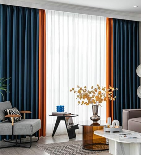 Epinki 2er Pack Verdunkelungsvorhang, Vorhang Gardinen Zweifarbig Patchwork Vorhang Blickdicht Verdunkelung Polyester Haken Fensterschal für Wohnzimmer Dunkelblau Orange H214 x B86 cm