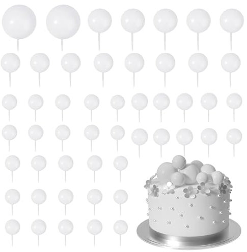 KFSCIP 50 Pcs White Mini Ball Cake Toppers, Ball Cake Decorations, 50 Pieces, 5 Sizes, Non-Toxic, Easy to Use, Ideal for Birthday, Wedding, Baby Shower, etc.