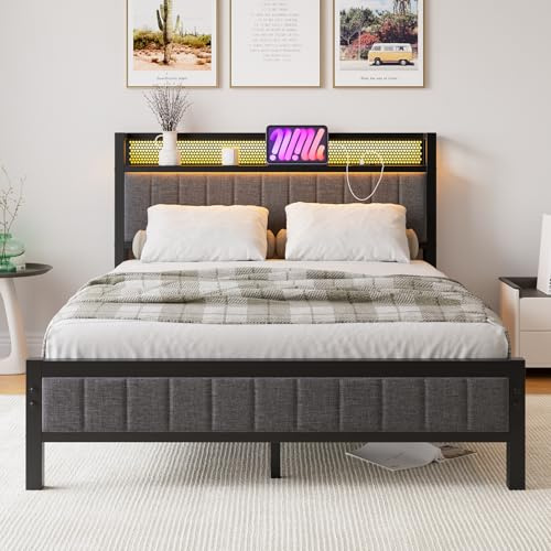 BORPHOM Bettrahmen mit LED,Ladestation,Doppelbett Gästebett Metallbett Polsterbett 140x200 Bettgestell aus Metall,Jugendbett 140x200 mit Lattenrost Kopfteil in Grau,für Schlafzimmer