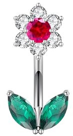 PiercingJak 1PC 14Ga Piercing Nombril Banane Barre de Ventre en Acier Chirurgical 316 L et Oxydes de Zirconium - Délicate Fleur avec Six Pétales et Feuilles en Zircons (fleur rose)