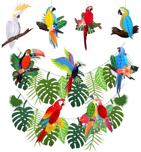 11 Stück Dschungel Deko Geburtstag,Papagei Hawaii Party Deko, Karibik Deko,Hängend Papagei Papier,für Gartenparty, Sommerfest, Außendekoration