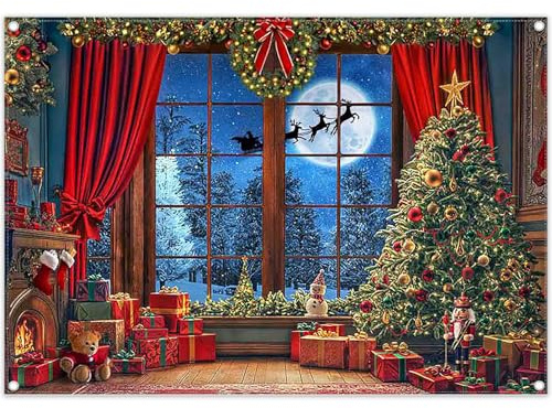 Luminora 7x5ft Winter Christmas Window Backdrop Trees Snow Forest Santa | Polyester Fabric, Claus Red Curtains Background, Kids Family Party Supplies, Banner Decoration, Outdoor Photo Booth