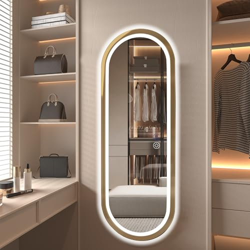 SDXYSTCE Ganzkörperspiegel mit Beleuchtung,120x40cm,Wandspiegel mit LED Beleuchtung,Oval Badspiegel für Schlafzimmer,Salon, Gehärtetes Glas,Antibeschlag,Horizontal/Vertikal,Gold
