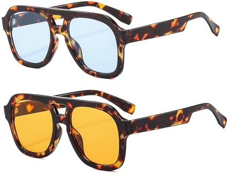 Long Keeper Lunette de Soleil Pilote pour Homme Femme Lunettes Carrées Rétro Vintage Années 70 Lunettes Pilote Vintage Classique UV400, 50MM ((2 Paires) Léopard/Bleu + Léopard/Orange)