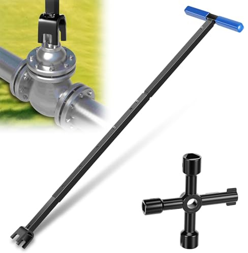Foppla Clé de compteur d'eau avec outil 4 voies en acier au carbone en forme de T - 43 à 94 cm - Longueur réglable - Clé universelle pour l'entretien des conduites d'eau et des vannes - Bleu