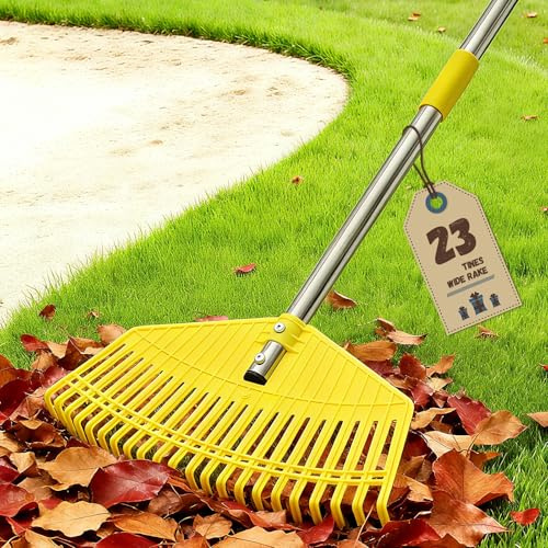 Gartenrechen, extrabreiter Laubrechen 42 cm, müheloses Aufräumen, 23 Flexible Zinken für rasenschonendes Arbeiten, 130 cm Verstellbarer Kunststoffrechen für den Garten, gelb