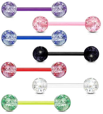 viva-adorno Barbell Set Piercing Stab Zungenpiercing Kunststoff Glitter Glitzer Kugeln Acryl flexibel Brustpiercing Nippelpiercing Z314 7er Set bunt gemischt