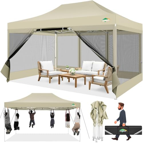 COBIZI Pavillon 3x4,5 Faltpavillon 3x4,5 Wasserdicht Stabil, Partyzelt Gartenpavillon UV-Schutz mit 4 Seitenwänden aus Mesh, Pavillion für Camping Events, Partyzelt, Khaki