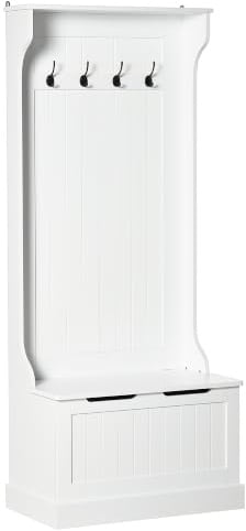 HOMCOM Meuble d'Entrée 4 en 1 Banc de Rangement 71,5 x 39,5 x 170 cm Blanc | Vestiaire avec 4 Crochets Doubles, Style Moderne, Porte Manteau pour Couloir Chambre Salon
