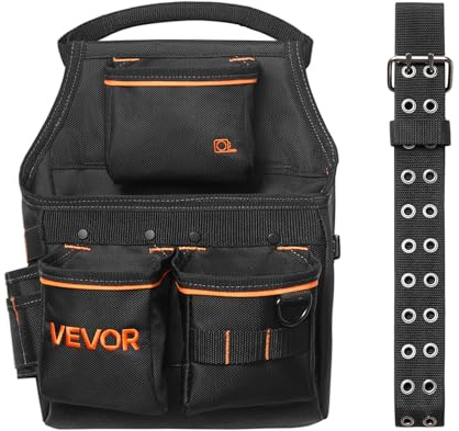 VEVOR Cinturón Portaherramientas de Trabajo, 14 Bolsillos, para Electricistas, Carpinteros y Obreros de la Construcción, con Soporte para Martillo y Herramientas, Ajustable 830 a 1270 mm, Negro