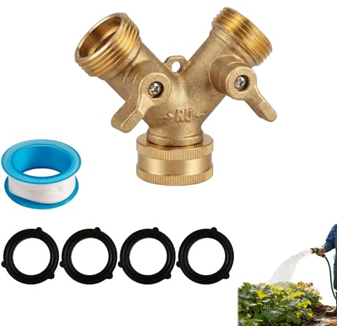 Maoggha Répartiteur de Robinet en Laiton 3/4 Pouces, Y-Distributeur à 2 Voies pour Tuyaux d’Arrosage et Appareils Électroménagers, avec Arrivée d’Eau Double, Écrou-Union Rotatif (Ensemble en Or)