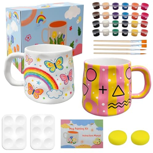 Kit para Pintar una Taza, Juego de Pintura de Cerámica, Kit de Pintura de Cerámica, Set de pintura cerámica para adultos, incluye tazas, pinceles, pinturas, bandeja para pintura e instrucciones