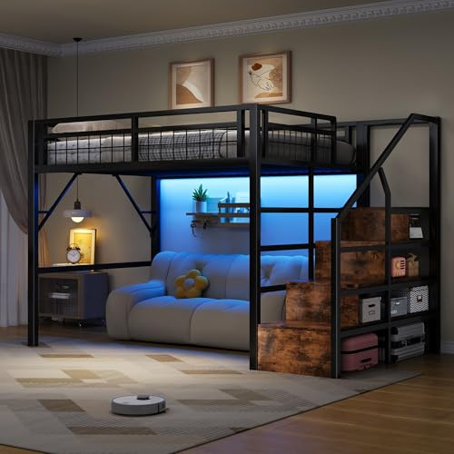 NovaFurnish Letto a soppalco 140 x 200 cm, struttura in ferro, con striscia di luci LED, struttura per scale con vano portaoggetti, spazio libero per tappezzeria, senza materasso, nero