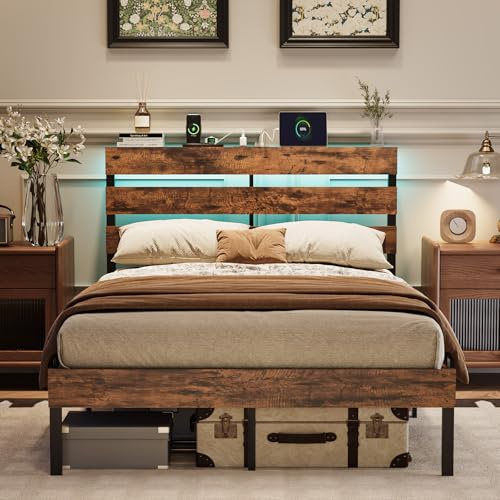 Bonnlo Bettrahmen Holz Metallbett 140x200cm mit Beleuchtung, Bett mit Ladefunktion(2 AC-Steckdosen, 1 USB und 1 Type-C-Anschluss), Jugendbett&Gästebett, Bettgestell aus Metall mit Lattenrost, Braun