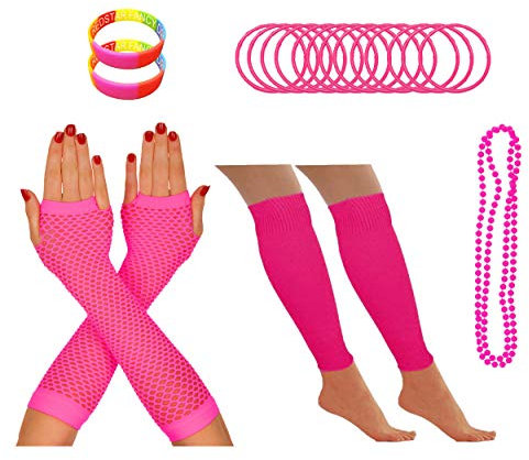 REDSTAR FANCY DRESS® Neon 1980s Party Outfit - Leg Warmers Fishnet Gloves Necklace Beads Gummies Neon Wristband (Pink)