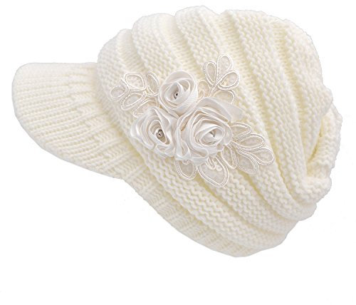 Tuopuda® Strickmütze mit Schild Winter Strickmütze Beanie Cap mit Blume (Weiß)