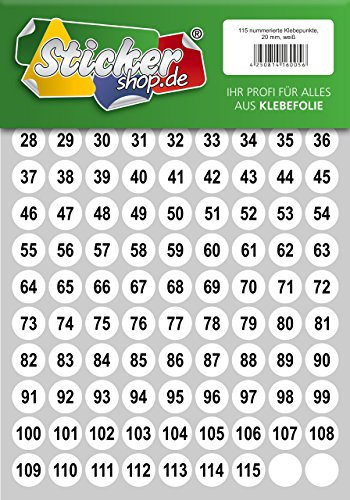 115 nummerierte Klebepunkte, 20 mm, weiß, aus PVC Folie, wetterfest, Markierungspunkte Kreise Punkte Zahlen Nummern Aufkleber