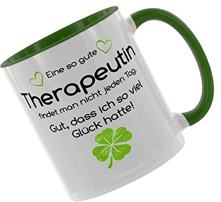 CreaLuxe Kaffeetasse 'Eine so gute Therapeutin findet man nicht...' bedruckt, Spruchtasse, hochwertige Keramiktasse (Grün)