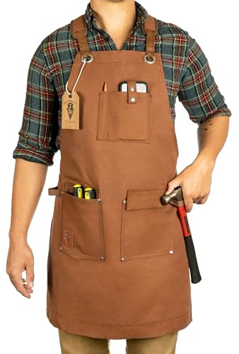 Texas Canvas Wares Waxed Canvas Heavy Duty Work Apron With Pockets - Deluxe Edition with Quick Release Buckle Adjustable up to XXL for Men and Women -(Brown Deluxe Edition)