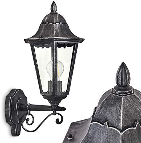 Außenwandleuchte Lignac, Wandlampe aufwärts in antikem Look, Aluguß in Schwarz/Silber m. Klarglas-Scheiben, Wandleuchte, E27-Fassung, Retro/Vintage Außenleuchte für Terrasse u. Hof, ohne Leuchtmittel