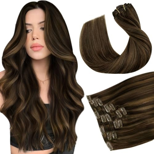 Hetto Clip in Extensions Echthaar Braun Echthaar Extensions Clip 120g 40 cm 7pcs Highlight Dunkel Braun Gerade Remy Vollkopf Natürliche Invisible Haarverlängerung #p2/8