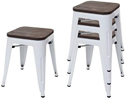 4er-Set Hocker HWC-A73 inkl. Holz-Sitzfläche, Metallhocker Sitzhocker, Metall Industriedesign stapelbar - weiß