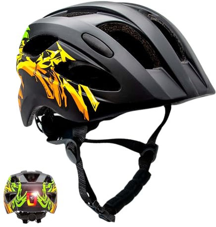 Crazy Safety Cool Kinder Fahrradhelm | Fahrradhelm Kinder 6-12 Jahre für Fahrrad, Skateboard, Mountainbike, Inlineskates | USB-aufladbares Rücklicht | Verstellbarer Fahrradhelm 54-58 cm (Schwarz/Gelb)