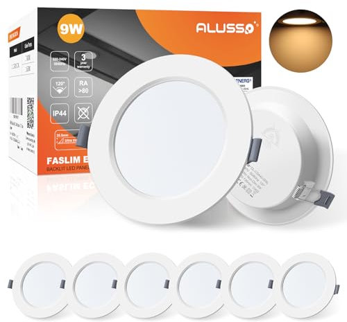 ALUSSO LED Downlights for Ceiling 9W Ultra Slim LED Recessed Ceiling Spot Lights 3000K Warm White IP44 Waterproof Spotlights Ceiling Lights for Bathroom Kitchen Living Room, 6 Pack