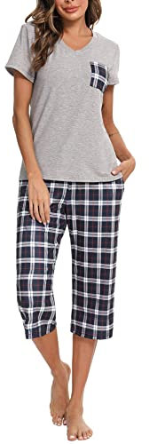 iClosam Pyjama Femme Été en Coton Ensemble de Pyjama Court à Carreaux VêTements de Nuit à Manche Courte Tenue de Nuit 2 Pièces avec T-Shirt et Pantalon Capri