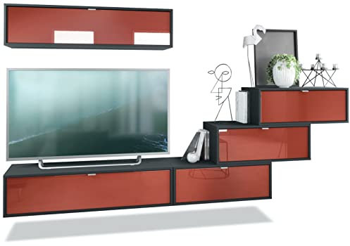Vladon Wohnwand Lana V1 Anbauwand aus 5 Hängeelementen mit 12 Fächern, Made in Germany, Korpus in Schwarz matt, Fronten in Bordeaux Hochglanz | Große Farbauswahl