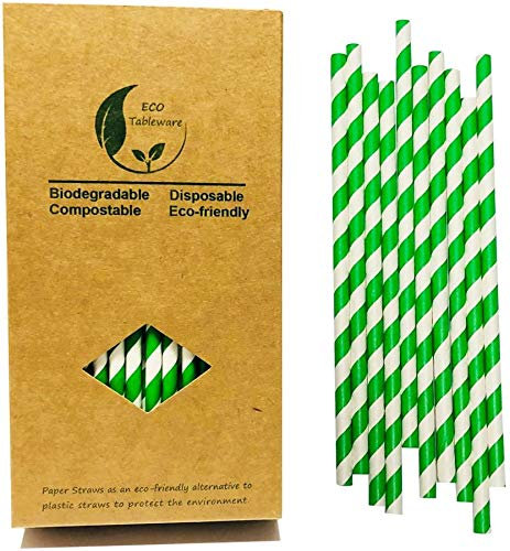 Lot de 100 pailles en papier à rayures vertes et blanches - 197 mm