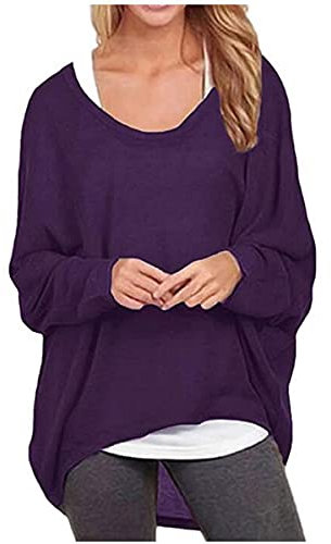 ZIOOER Damen Pulli Fledermausärmel T-Shirt Lose Asymmetrisch Jumper Bluse Langarmshirts Hemd Pullover Sweatshirt Oberteil Oversize Tops Lila L