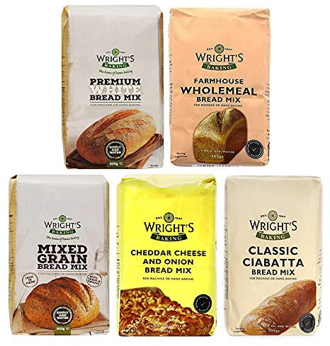 Wright's Baking Bread Mix Selection Pack - Premium White, Farmhouse Wholemeal, Mixed Grain, Cheddar Cheese & Onion, Classic Ciabatta (One of Each 500g Pack)
