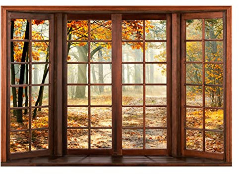 WallArena - Vlies Fototapete Fenster mit Aussicht Wald Herbst Natur Fensterblick 368x254 cm - Fototapeten - Tapeten für Wohnzimmer Schlafzimmer Vliestapete Wandtapete Tapete 3D Effekt- inkl. Kleister