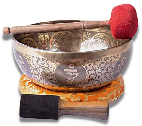 HIMALAYAN BAZAAR Himalayan Bazaar Grand bol chantant tibétain sculpté à la main 22,9 cm de qualité pour le bain sonore, chakra 7 en métal, méditation et yoga